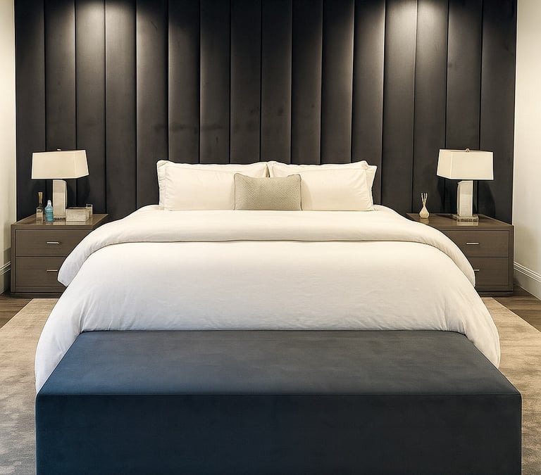 Modern bedroom with full-wall panels and a bench at the foot of a California king bed by Solo Home Decor