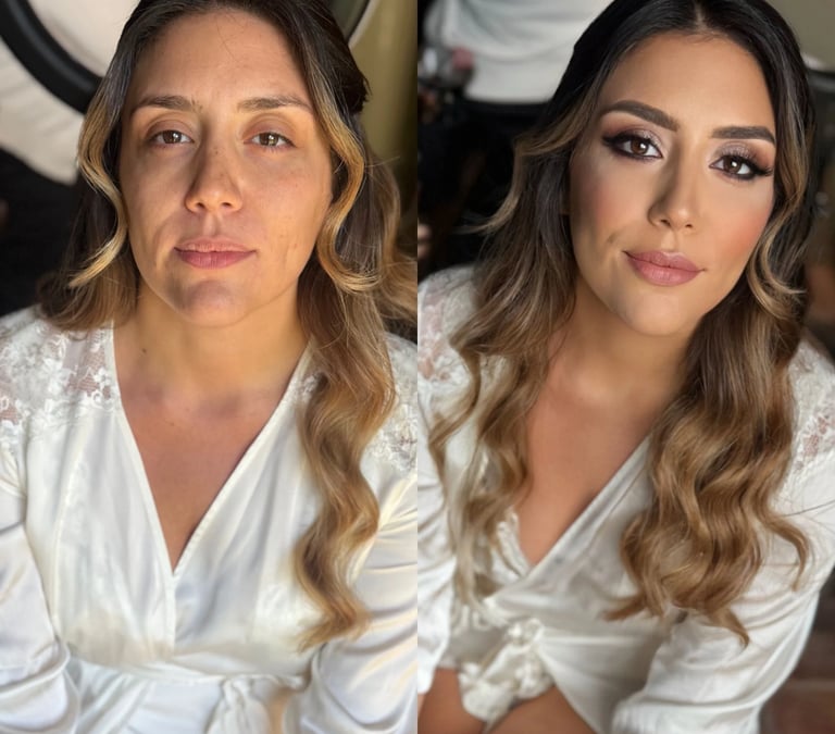 Trasformazione trucco sposa glamour prima e dopo con effetto fotografico