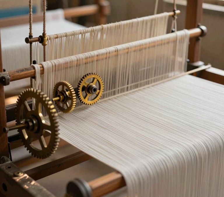 Warm natural light illuminating a textile loom in a Coimbatore workshop, focusing on the brass gears and moving threads, close-up shot.