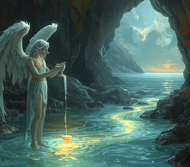 Um anjo alado e andrógino, que lembra a carta da Temperança, permanece sereno no meio de um rio raso