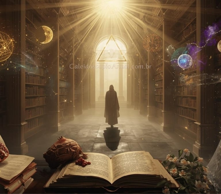 Biblioteca mística com figura em portal luminoso, símbolos astrológicos e romã - 18 de janeiro