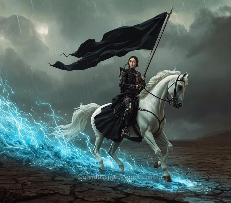 Arcano A Morte em cavalo branco: transformação aquariana com energia azul regenerando terra árida.