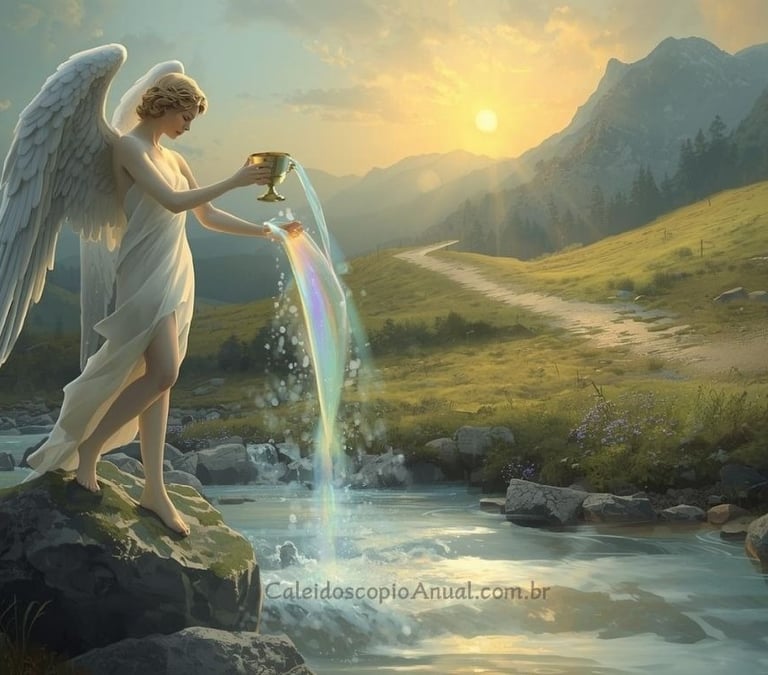 Temperança tarot: anjo alquímico vertendo líquido arco-íris entre cálices dourado e prateado