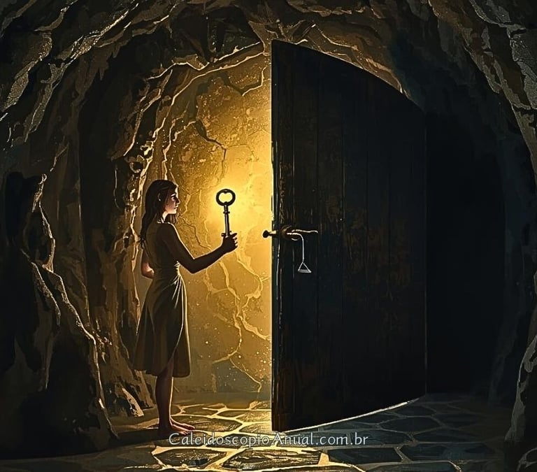 Pessoa em uma caverna percebendo que a chave que segura revela que as paredes são falsas.
