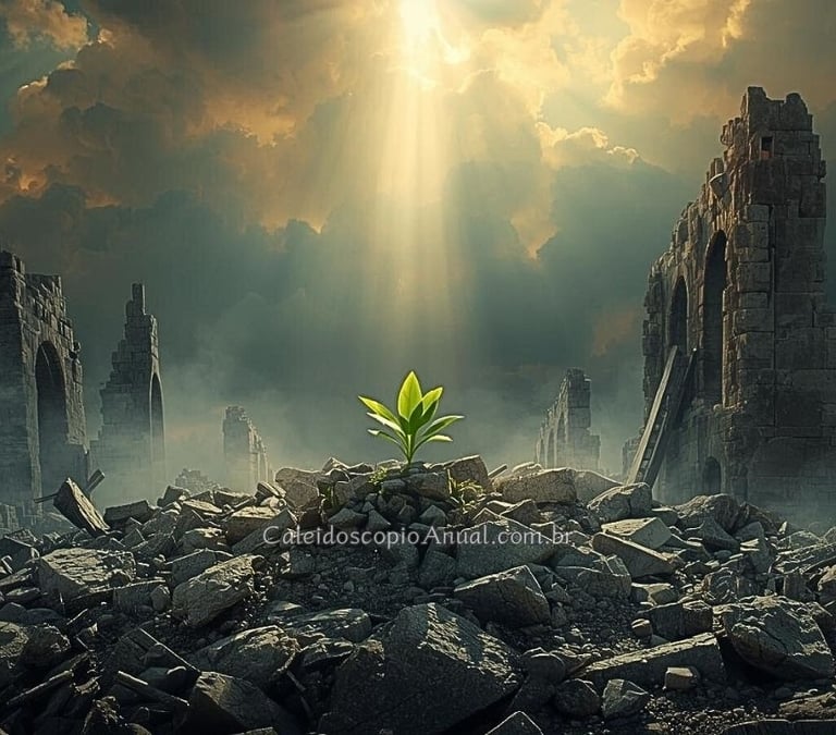 Broto verde crescendo em meio às ruínas de uma torre desmoronada após a tempestade.