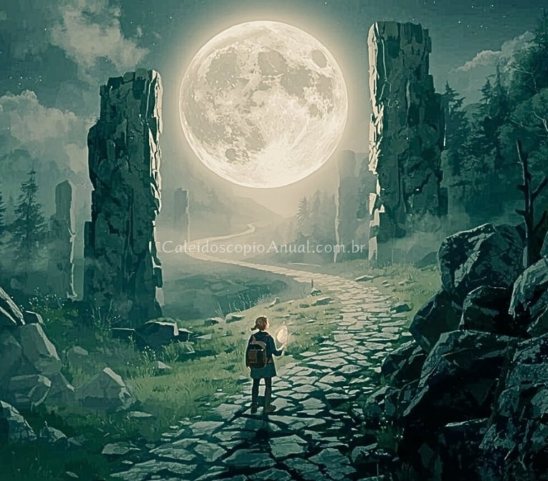 Viajante solitário em uma trilha sinuosa e iluminada por uma grande Lua Cheia