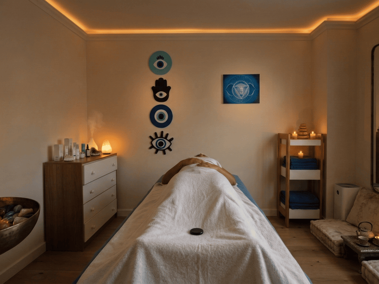 Persona recibe terapia de masaje en camilla, habitación tranquila, luz tenue, y motivos espirituales