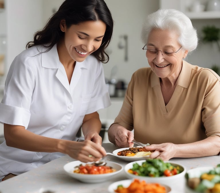 A friendly caregiver and an elderly man sharing a laugh while preparing a simple meal together in a bright kitchen.
