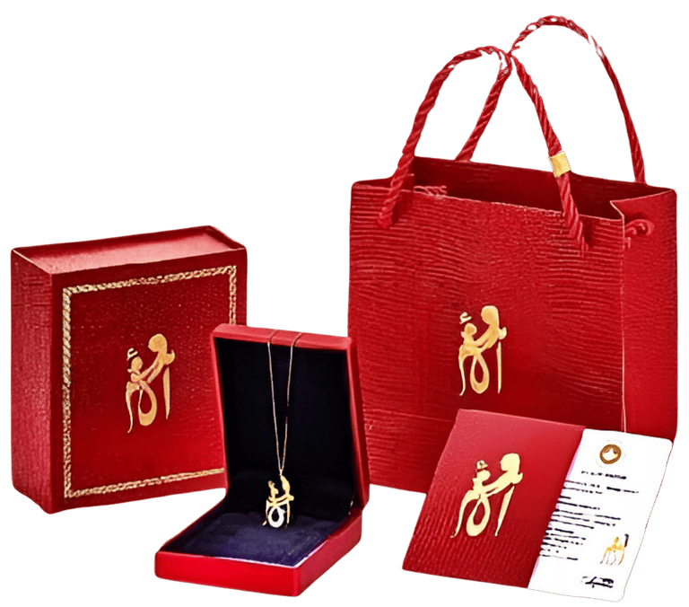 A red gift box containing a delicate gold necklace