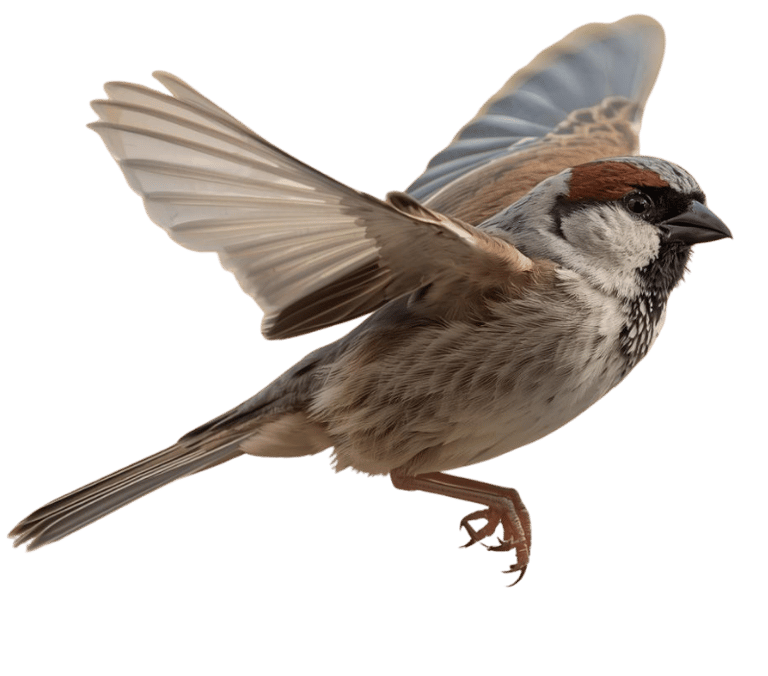 Sparrow flying with wings spread, representing growth and momentum