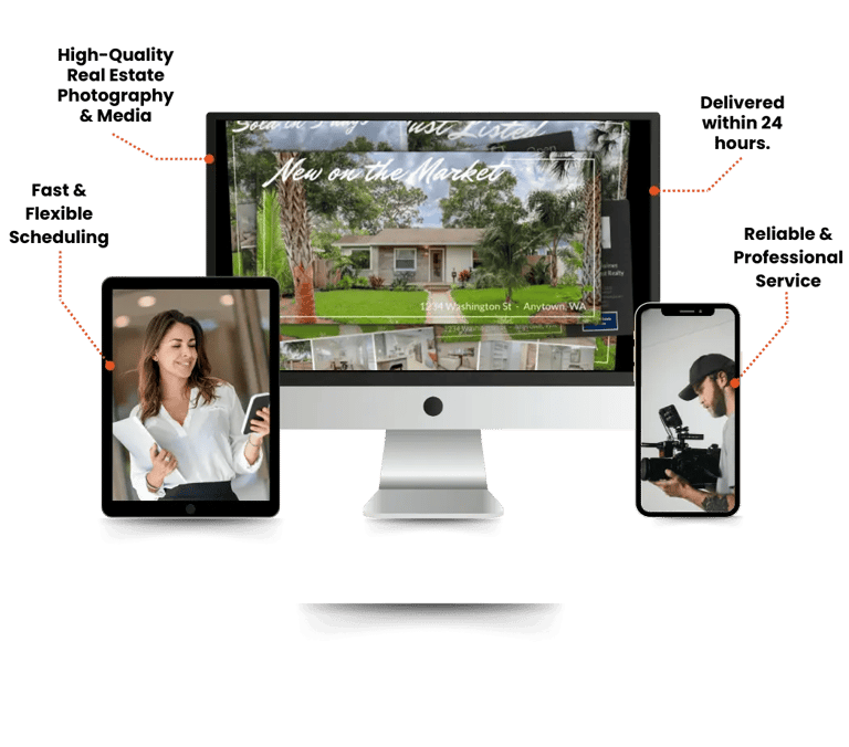 Media services graphic with fast scheduling, HDR photography, 24-hour delivery