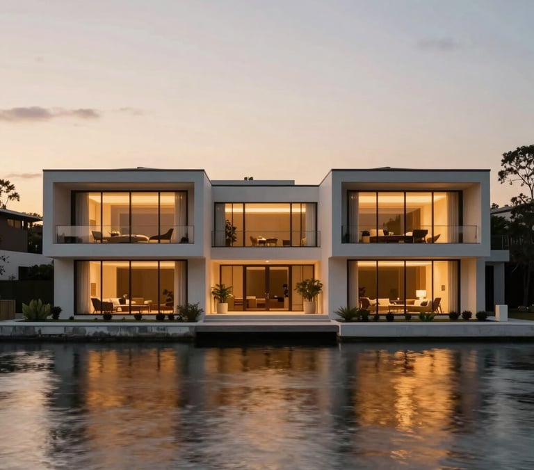 Symmetrical architectural wide shot of a modernist waterfront estate in Brickell at twilight, clean lines, warm interior glow, calm water reflections.