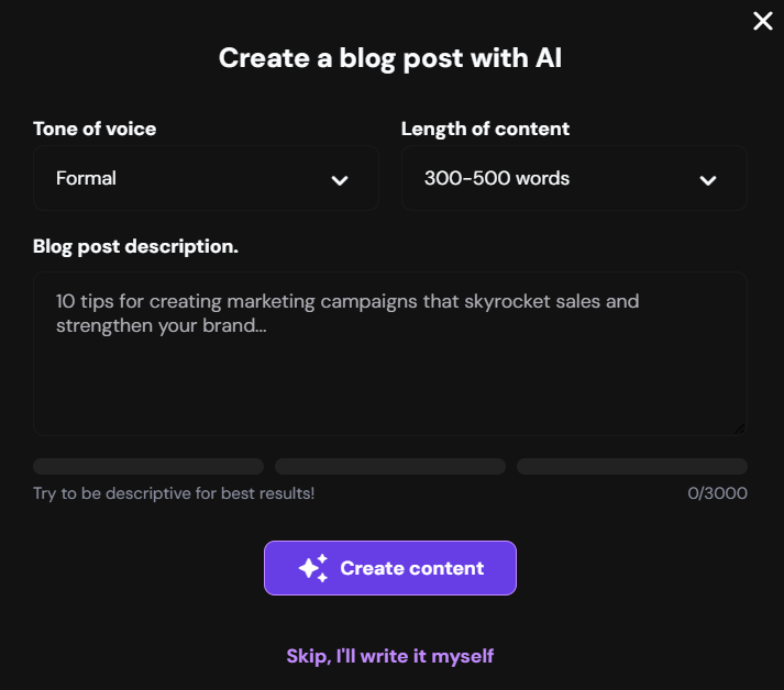 Screen showing blog post generator with tone and length options and a create content button