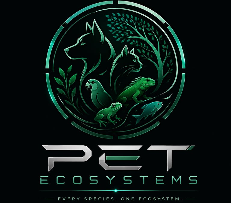 Pet Ecosystems logo featuring a green dog, cat, parrot, iguana, frog, and fish in a circular wildlife emblem.