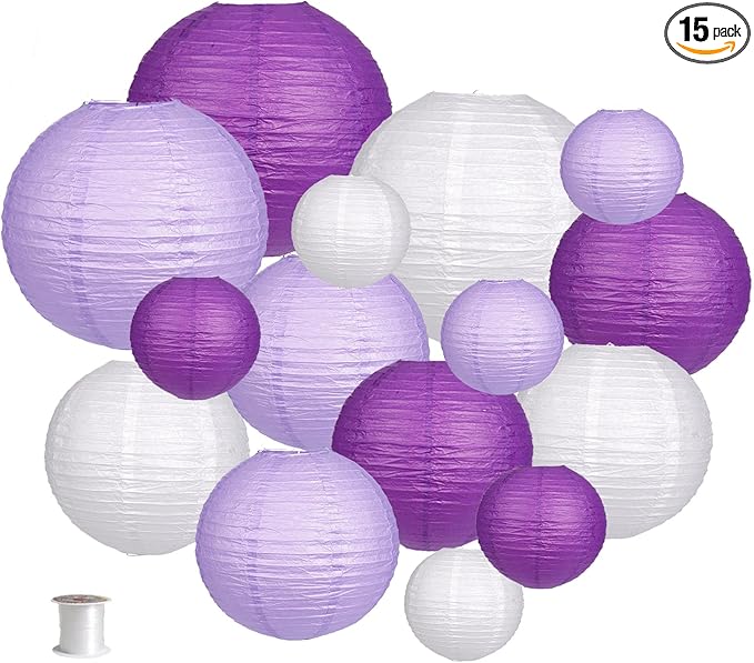 Set of 15 purple, lavender, and white paper lanterns in assorted sizes for weddings, parties, etc