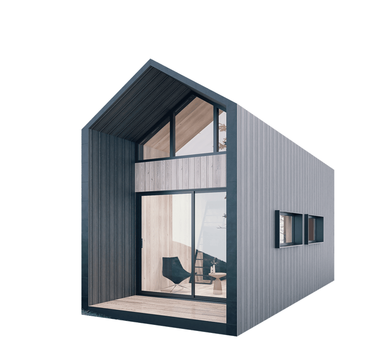 a small house with a large glass door and a patio