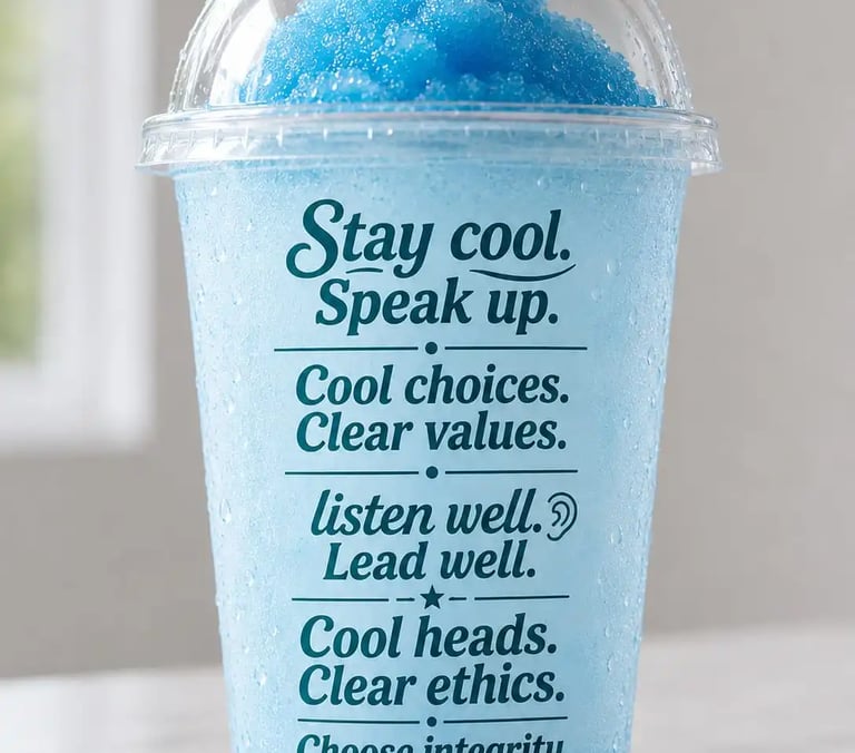 Blue raspberry slushie in a plastic cup with motivational quotes about leadership and integrity.