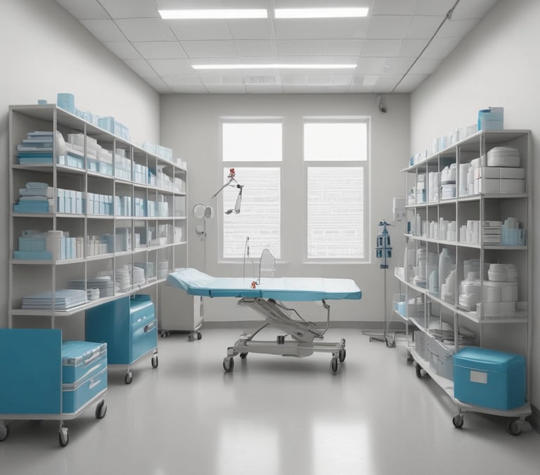 Medical equipment is neatly mounted on a white wall, including an otoscope, an ophthalmoscope, a sphygmomanometer, and a thermometer. The layout suggests a clinical setting likely intended for patient examination.