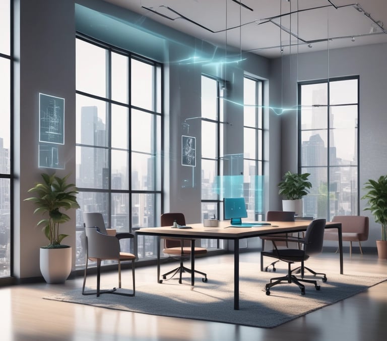 A small, round robot with a smooth white surface and blue accents operates a blue laptop on a sleek, floating platform. The robot has glowing eyes and an antenna on its head, with an 'AI' emblem on its front.