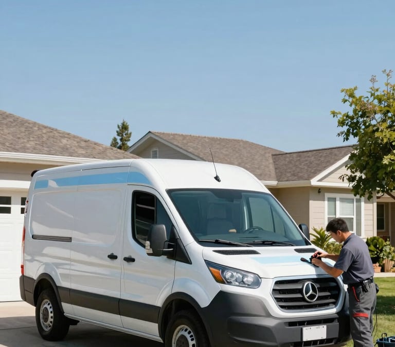 A white service van with subtle sky blue accents parked in a sunny North American suburban driveway, a technician is efficiently preparing tools near the vehicle, wide angle, bright and empowering mood.