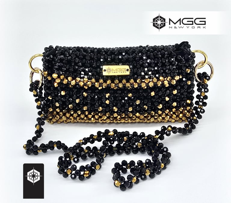 Bolso de lujo negro y dorado modelo Polaris hecho a mano con cuentas de cristal - MGG New York