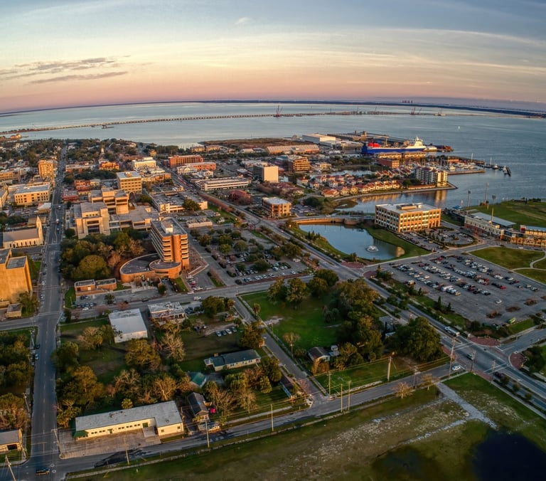 Aerial view of Pensacola Florida coastline and downtown area