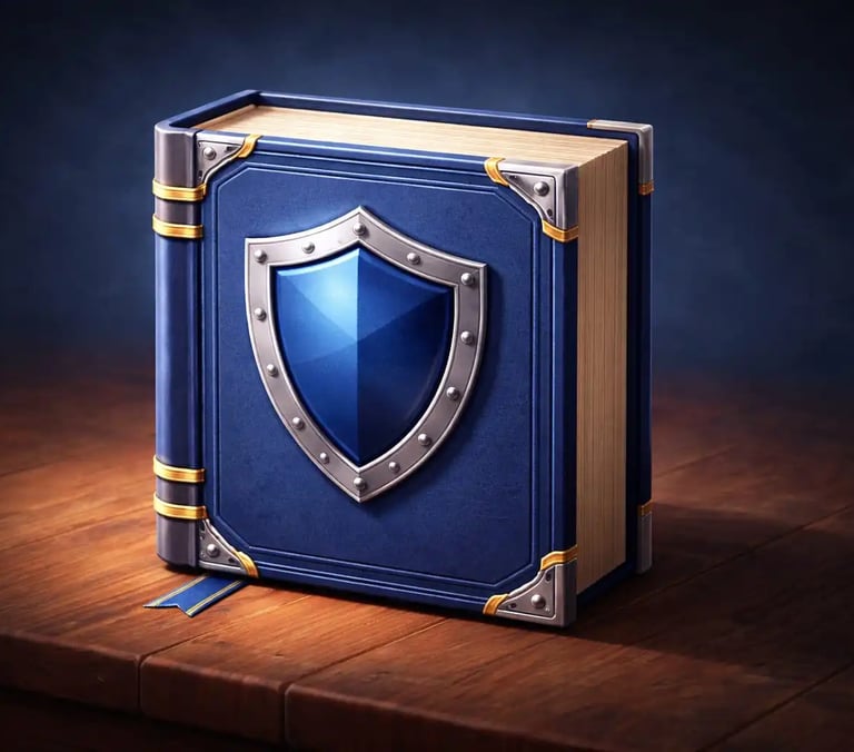 Illustrated book with shield symbol representing a cybersecurity glossary and digital protection terminology guide