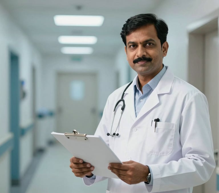 Direct eye-level portrait of Dr. R. S. Yadav in a clean white doctor's coat, holding a medical chart, standing in a brightly lit, modern hospital corridor with soft blue accents and professional clinical lighting.