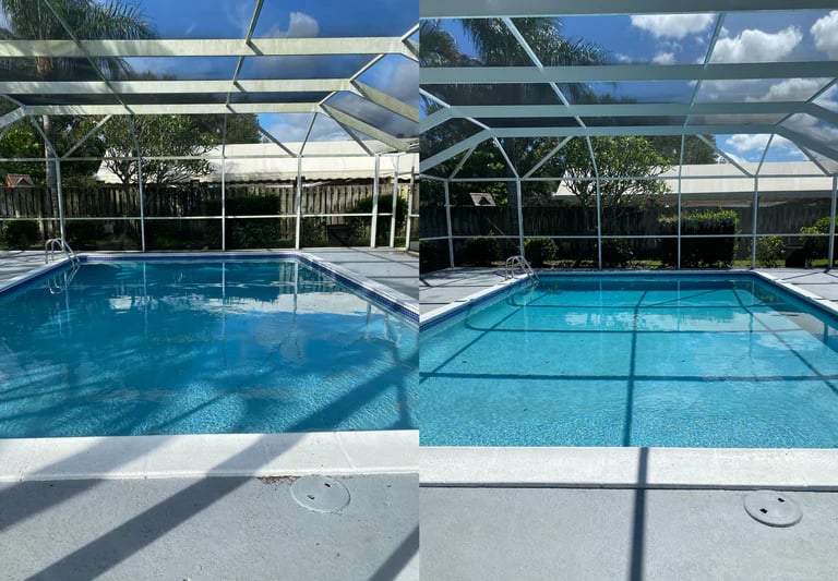Pool cage cleaning before and after in Land O Lakes FL — algae and mildew removed from screens