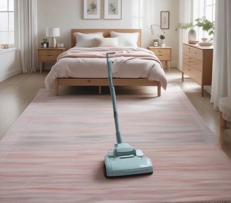 A light blue upright vacuum cleaner cleaning a pink patterned area rug in a modern minimalist bedroom.