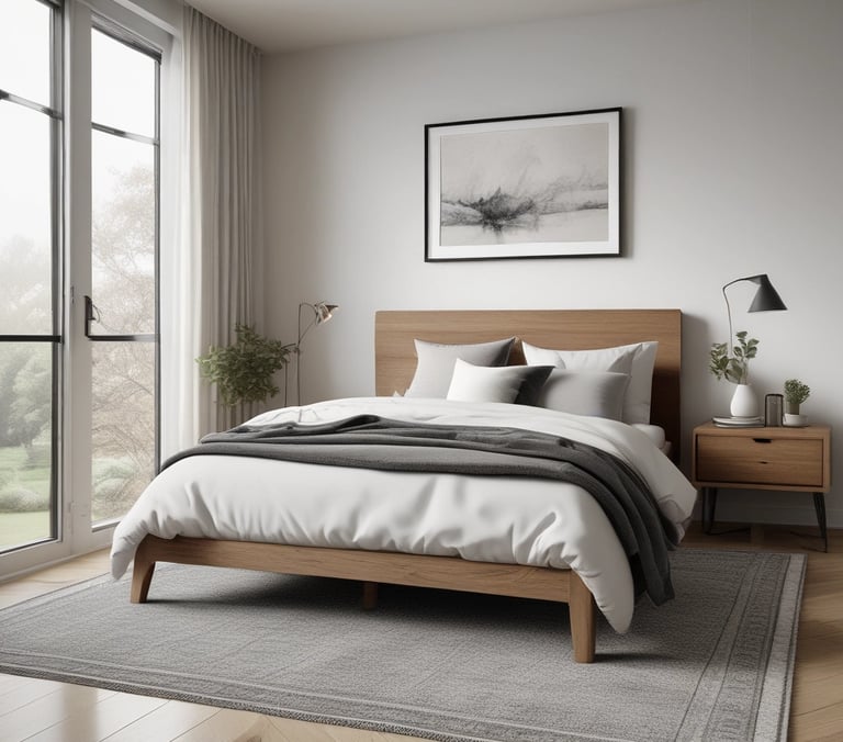 Modern minimalist bedroom featuring a natural wood bed frame, neutral bedding, and a large window.