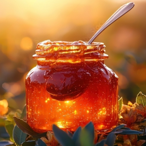 Glowing jar of pure Iranian honey or jam with spoon, sunlight, flowers—organic, healthy,100% natural