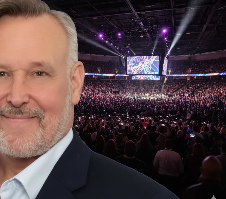 gary k at a speaking event in an arena