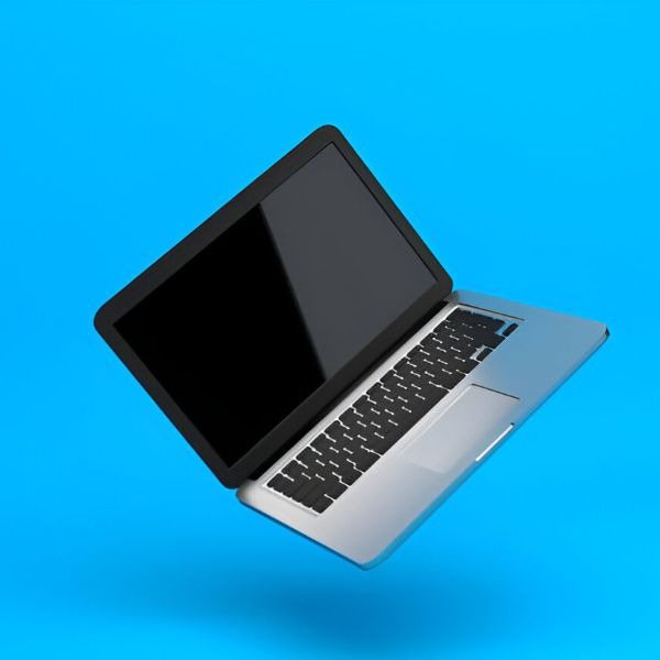 a laptop computer with a laptop on a blue background