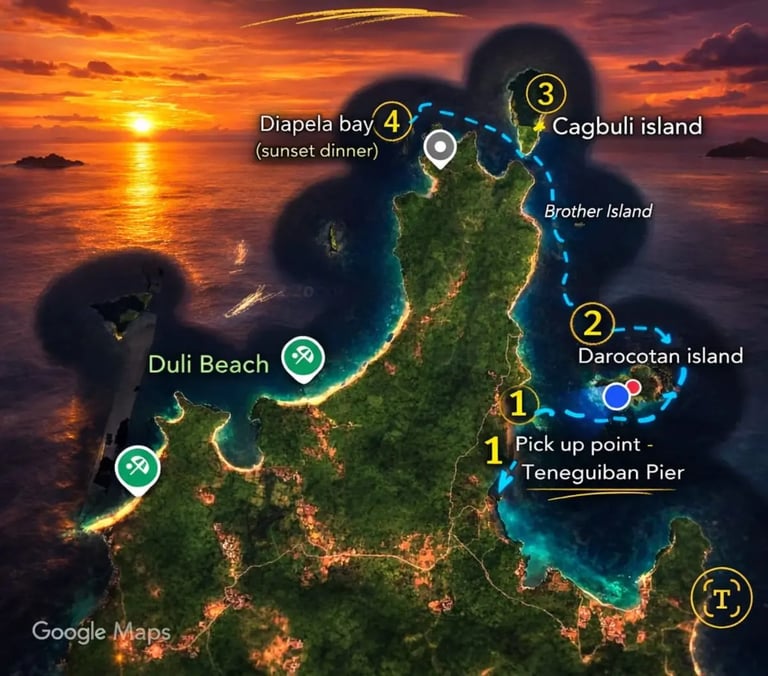 Traditional boat sailing in El Nido bay during a golden sunset dinner cruise