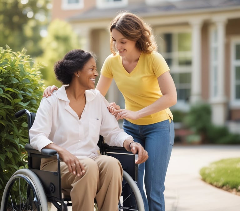A caregiver assisting a senior with personal care in a bright bathroom.