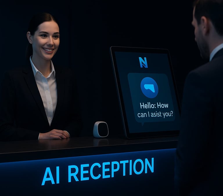 Guest services professional using Natomi's AI Reception for hotels.