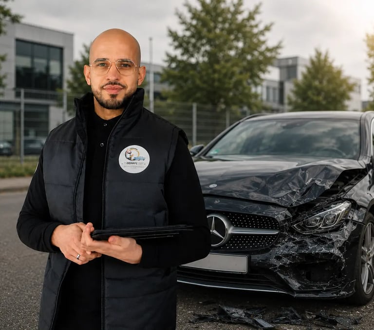 Gutachter vor beschädigtem Auto in Mainz
