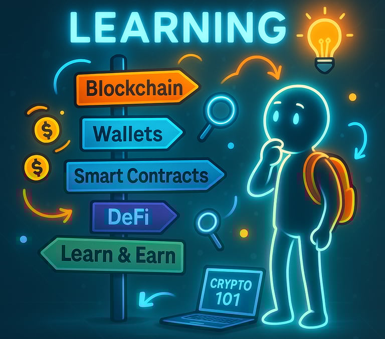 A curious stick figure with a backpack stands next to a glowing signpost pointing to key crypto topi