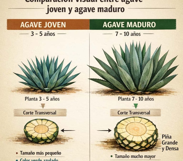  Diferencias entre agave joven y maduro para producción de mezcal