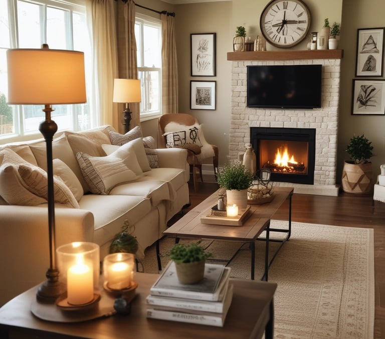 Cozy farmhouse living room with warm lighting, neutral sofa, table lamps, and candles,