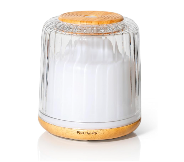 Plant Therapy Serenity Glass diffuser with glass cover and wood base for non-toxic aromatherapy