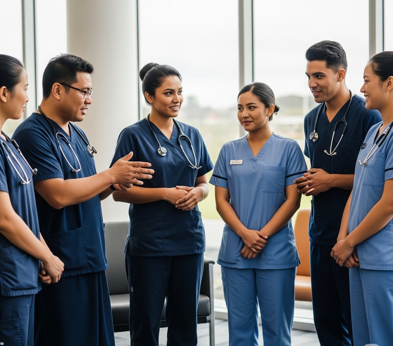 ニュージーランドの医療現場で、様々な国出身のナースたちがコミュニケーションを取る様子