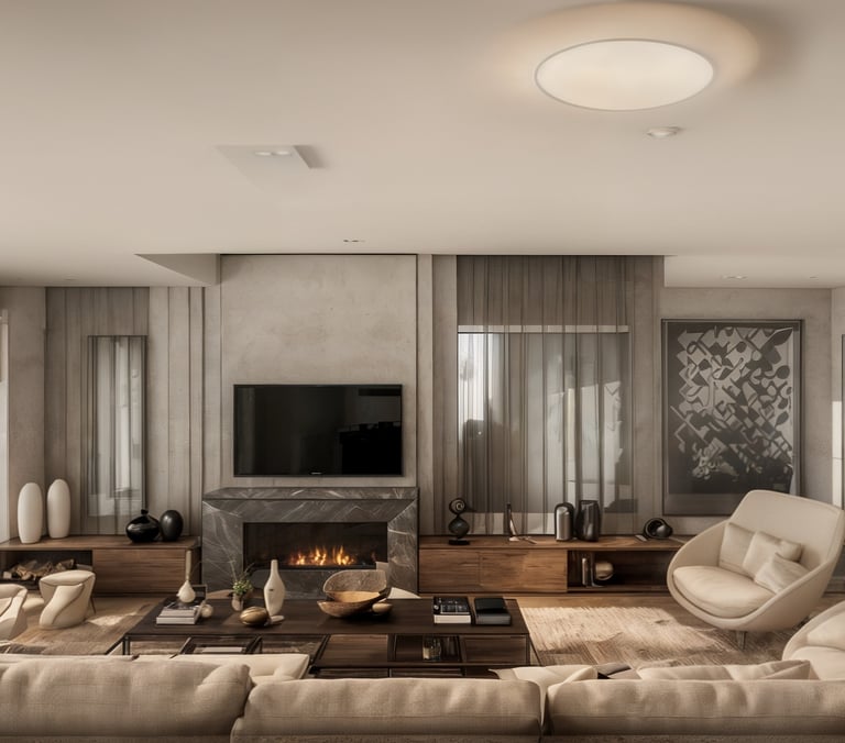 uma sala de estar com um sofá e uma lareira