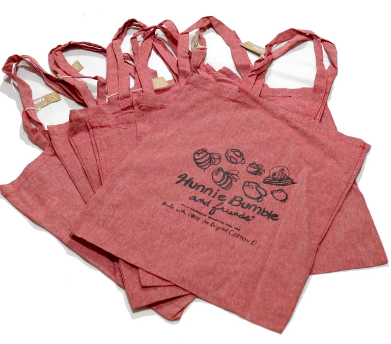 hunnie bumble totes, organic cotton, recycled cotton