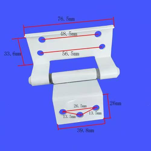 White metal door hinge with technical dimensions and measurements in millimeters shown on a blue background.