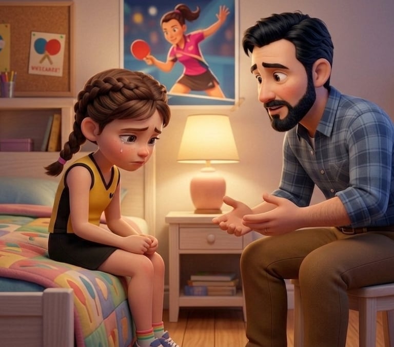 Caring father comforting his crying daughter in her bedroom after a sports match.