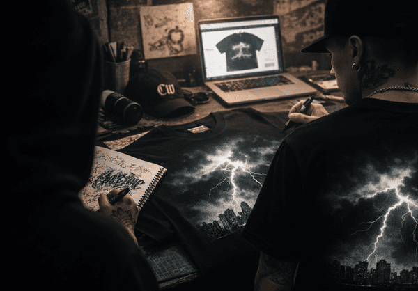 Diseñadores gráficos creando una playera personalizada con un diseño de rayo