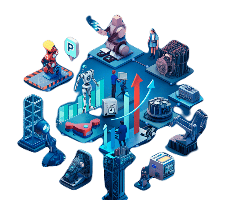 a group of people standing around a large group of robots