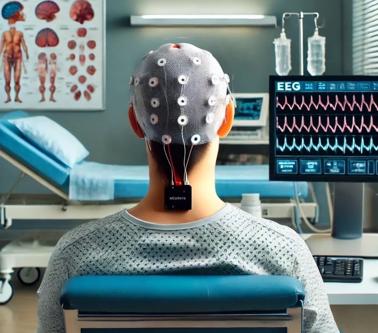 a person with a EEG cap on a chair